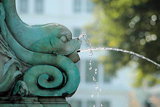 8359 Detail des Puvogelbrunnen in Hamburg Wandsbek - wasserspeiender Fisch.